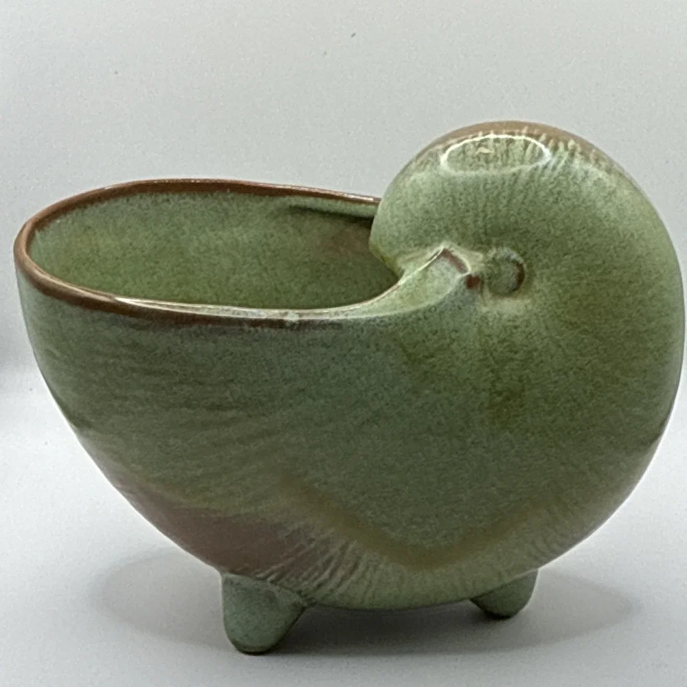 Green & Brown Nautilus Shell Ceramic Art Pottery Bowl, Glossy, 3 Feet, S3